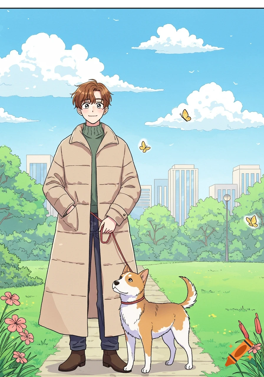 A webtoon illustration of a smiling man in a long coat walking his dog on a leash in a sunny park with butterflies and city buildings in the background.