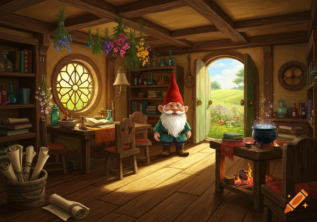 A friendly gnome with a white beard and red hat stands in a cozy, magical hobbit house with an open door leading to a sunny field.