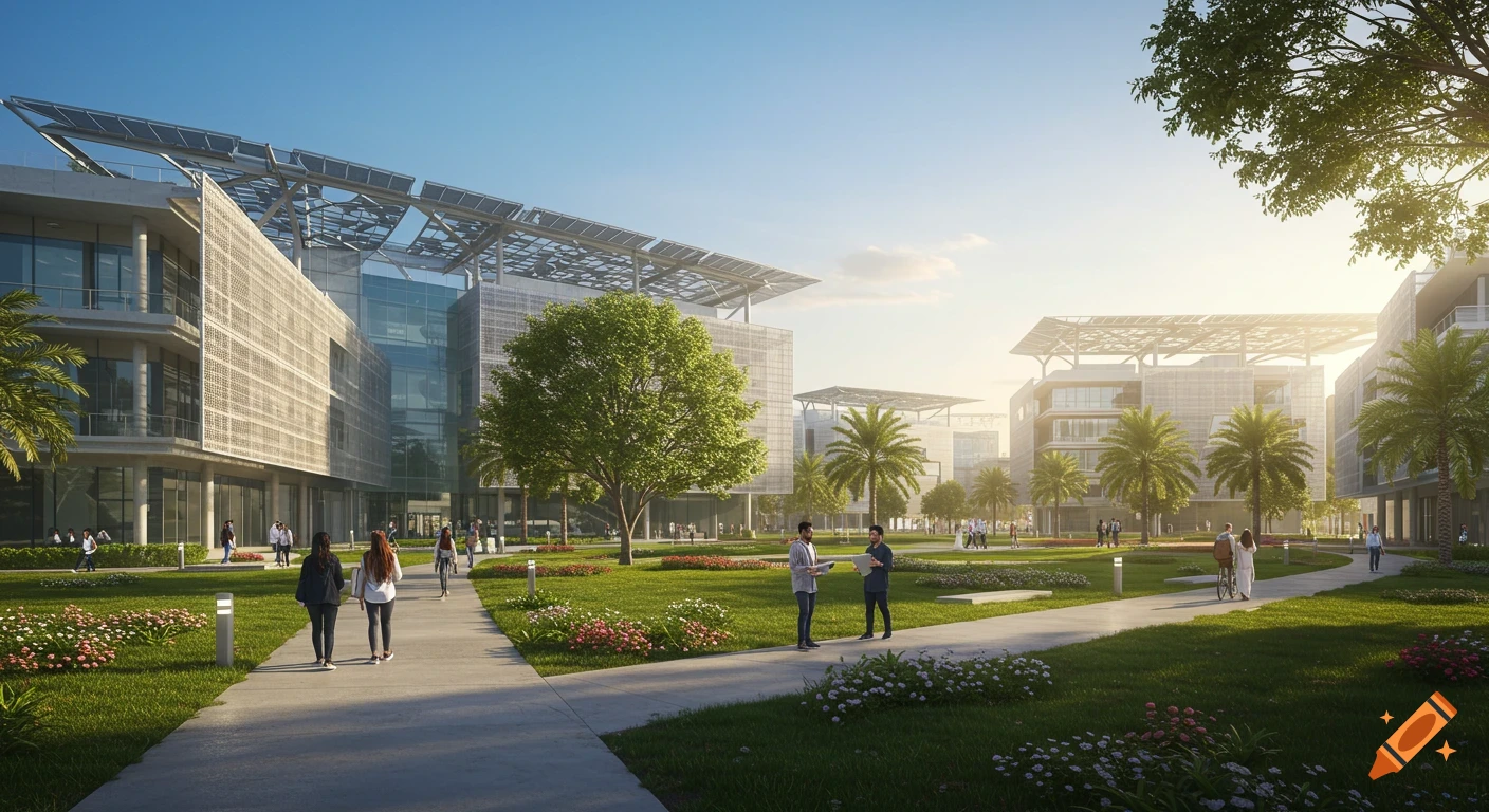 Sunlit modern university campus with sleek buildings, solar panels, lush green lawns, palm trees, and students walking on pathways.