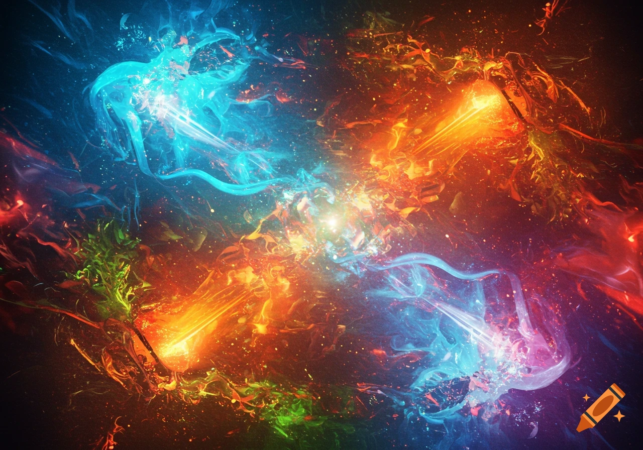 Abstract image of swirling blue and orange energy streams with bright light sources and numerous small particles against a dark background.