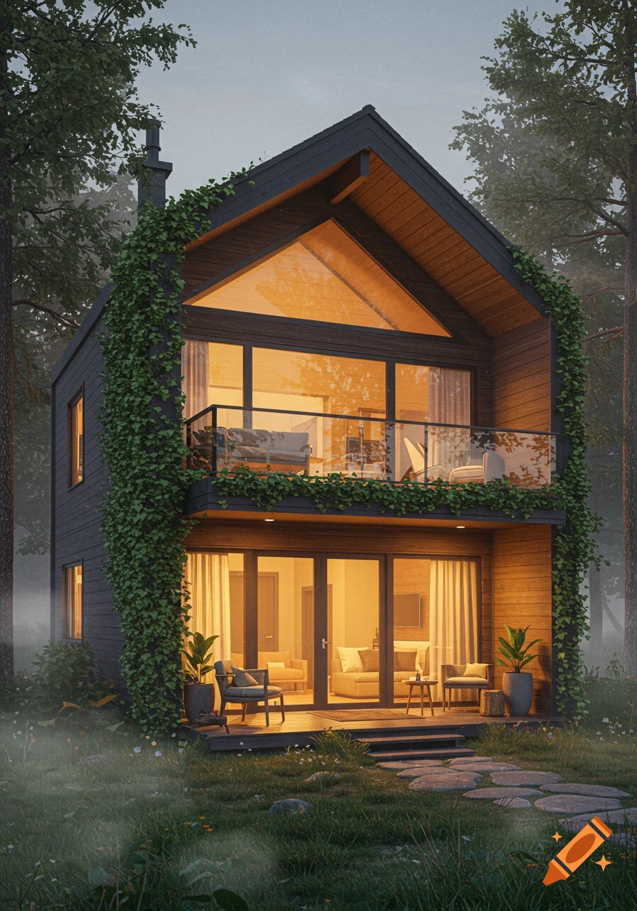 A modern two-story cabin with dark siding and large windows, surrounded by forest trees and climbing vines, in low light.