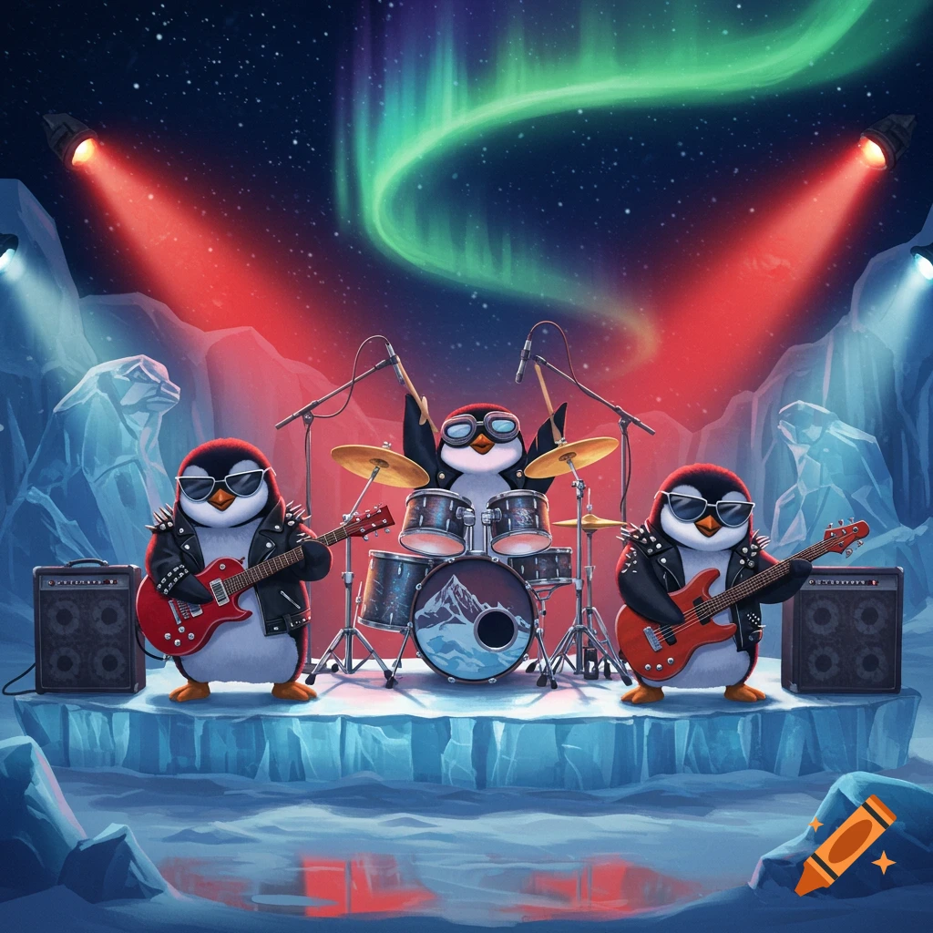 Three cartoon penguins in rock/metal attire play electric guitars and drums on an icy stage under a vibrant aurora borealis.