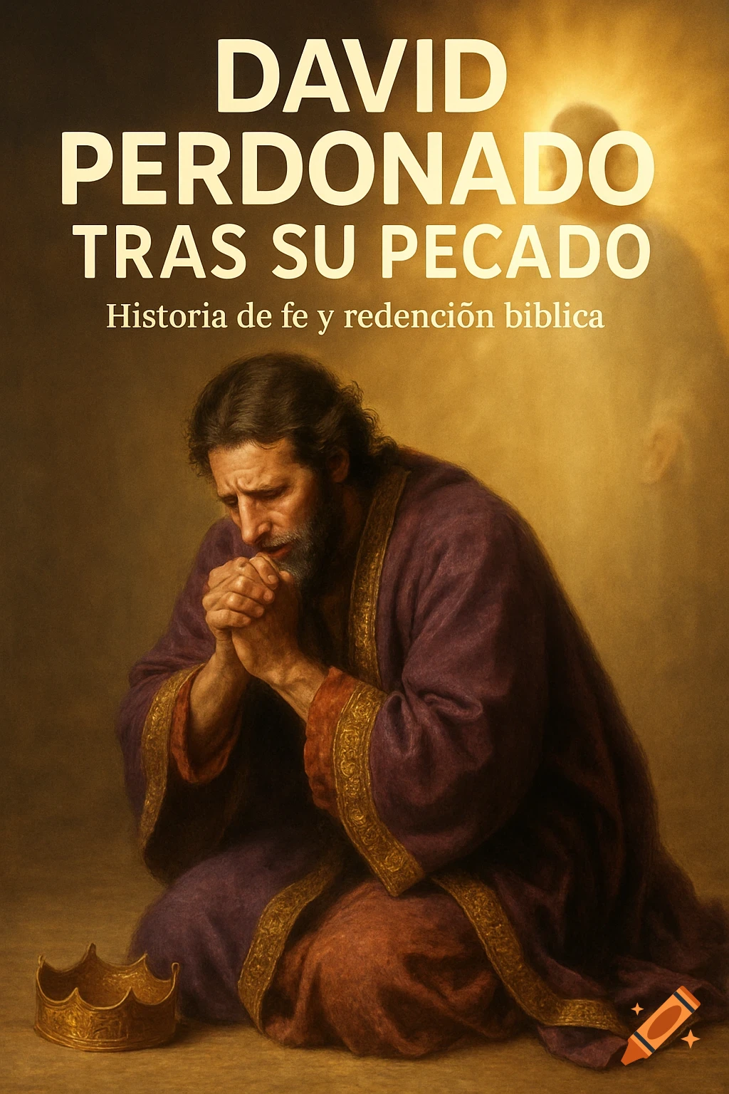 Hyperrealistic painting of King David kneeling in prayer, a golden crown on the floor. Text: DAVID PERDONADO TRAS SU PECADO
