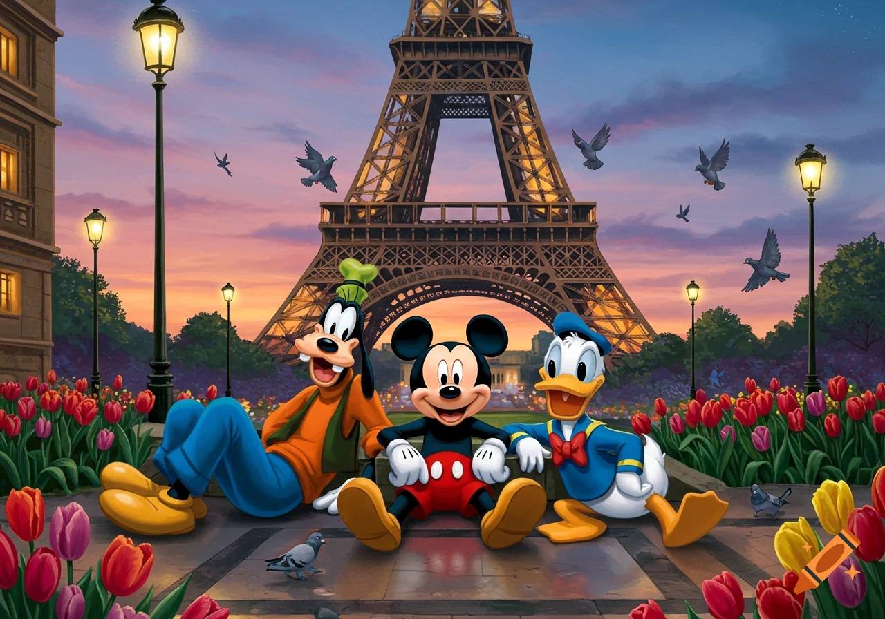 Mickey Mouse, Goofy, and Donald Duck sit on a Parisian street with colorful tulips and pigeons, with the Eiffel Tower behind them at sunset in a cartoon style.