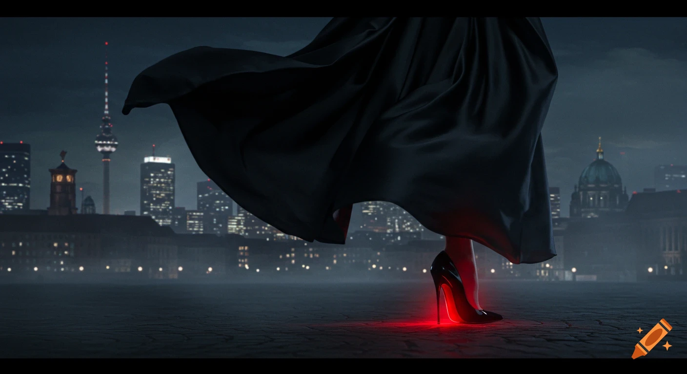 A person in a black cloak and glowing red stiletto heel stands on a dark street overlooking the foggy Berlin skyline at night.