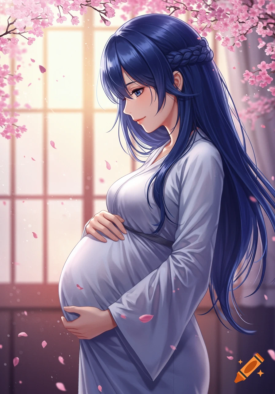Anime style pregnant woman with long blue hair, gently holding her belly amidst falling pink cherry blossoms.
