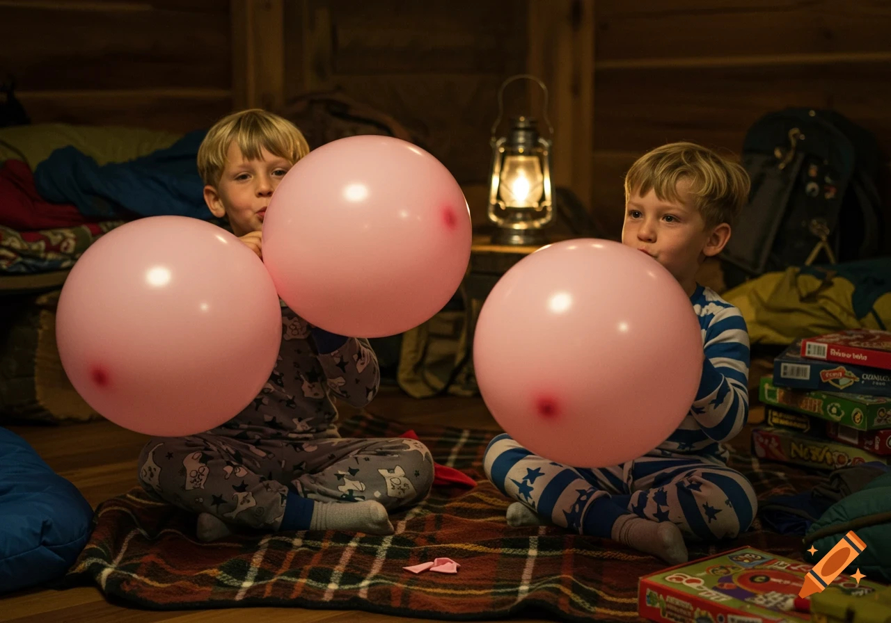 Two boys in pajamas inflate large pink balloons in a cozy, dimly lit room with game boxes and a lantern.