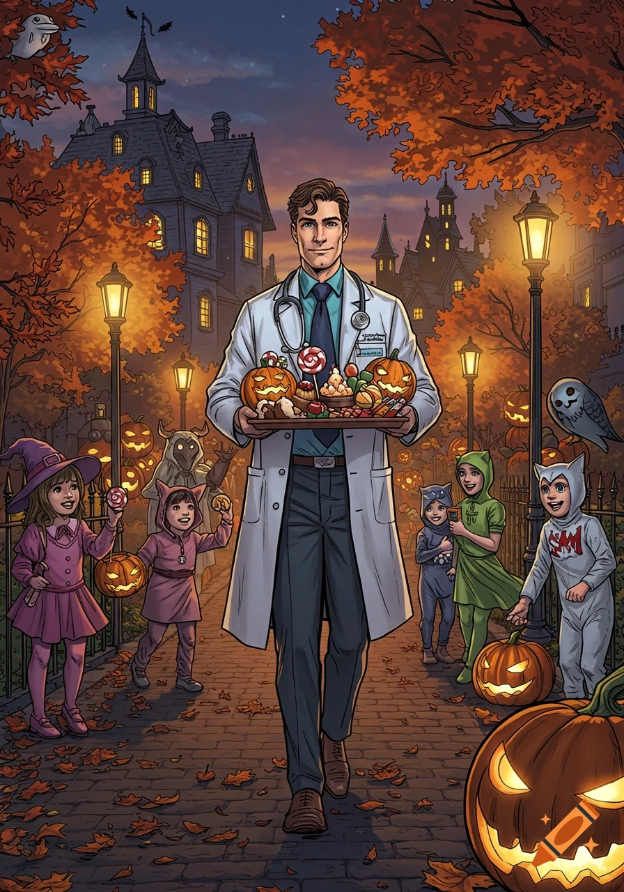 A doctor in a lab coat carries a tray of Halloween treats, walking on a leaf-strewn path among children in costumes and haunted houses at dusk.