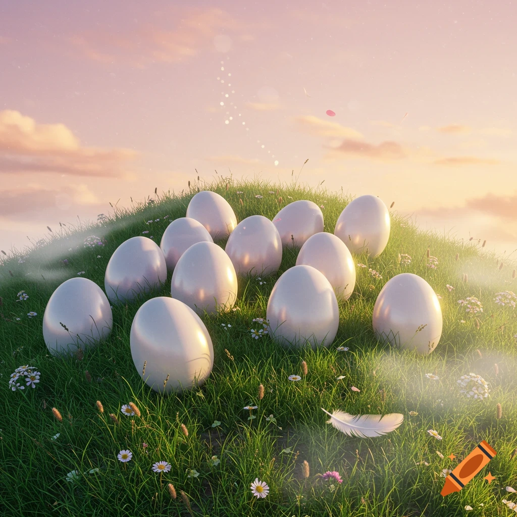 Smooth white eggs on a green grassy hill with wildflowers under a pastel sunrise sky.