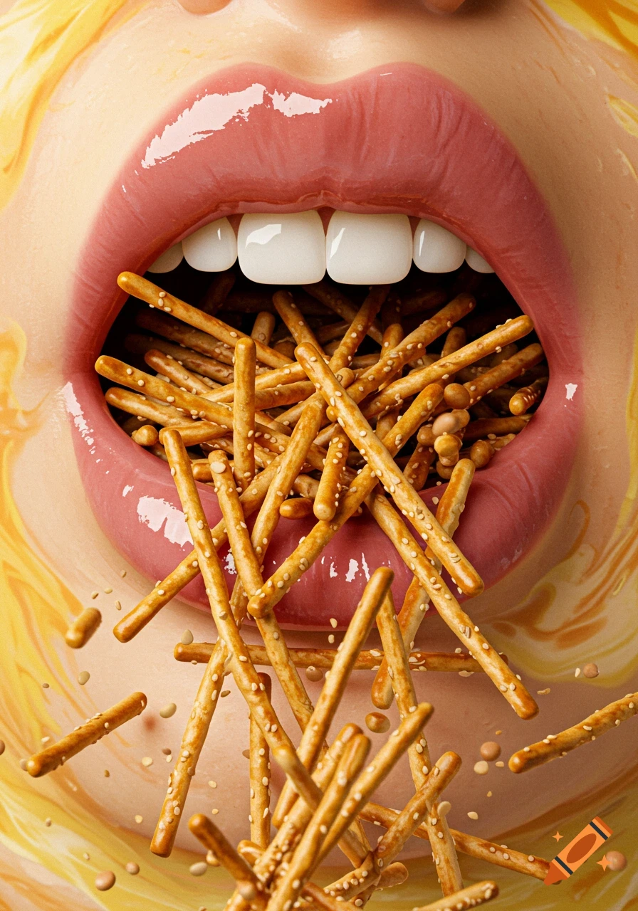 Close-up of a person's mouth overflowing with shiny, golden pretzel sticks, some spilling out, with a glossy substance on the chin.