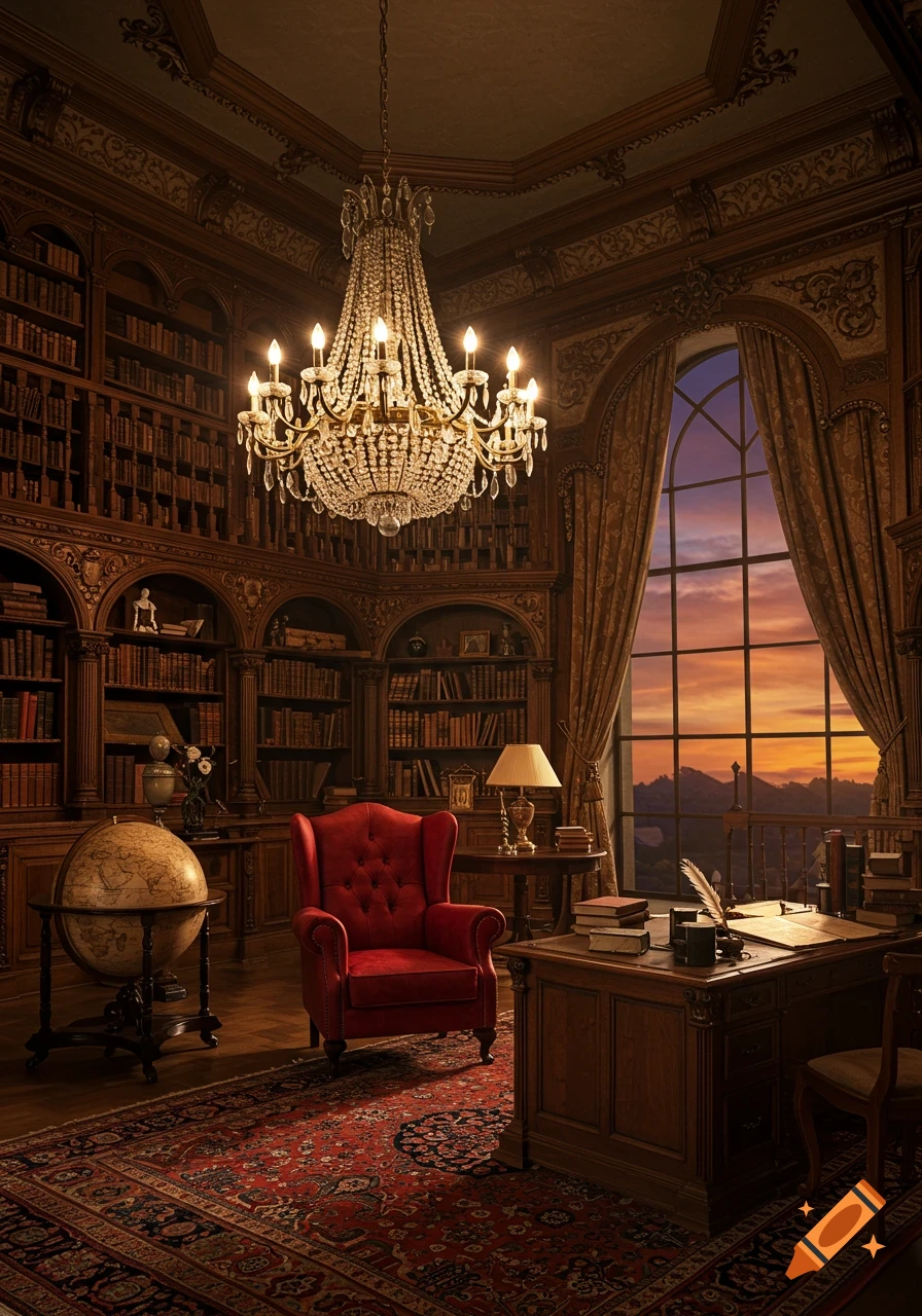 Luxurious classical library with dark wooden bookshelves, a grand chandelier, red armchair, and a large window overlooking a sunset mountain range.
