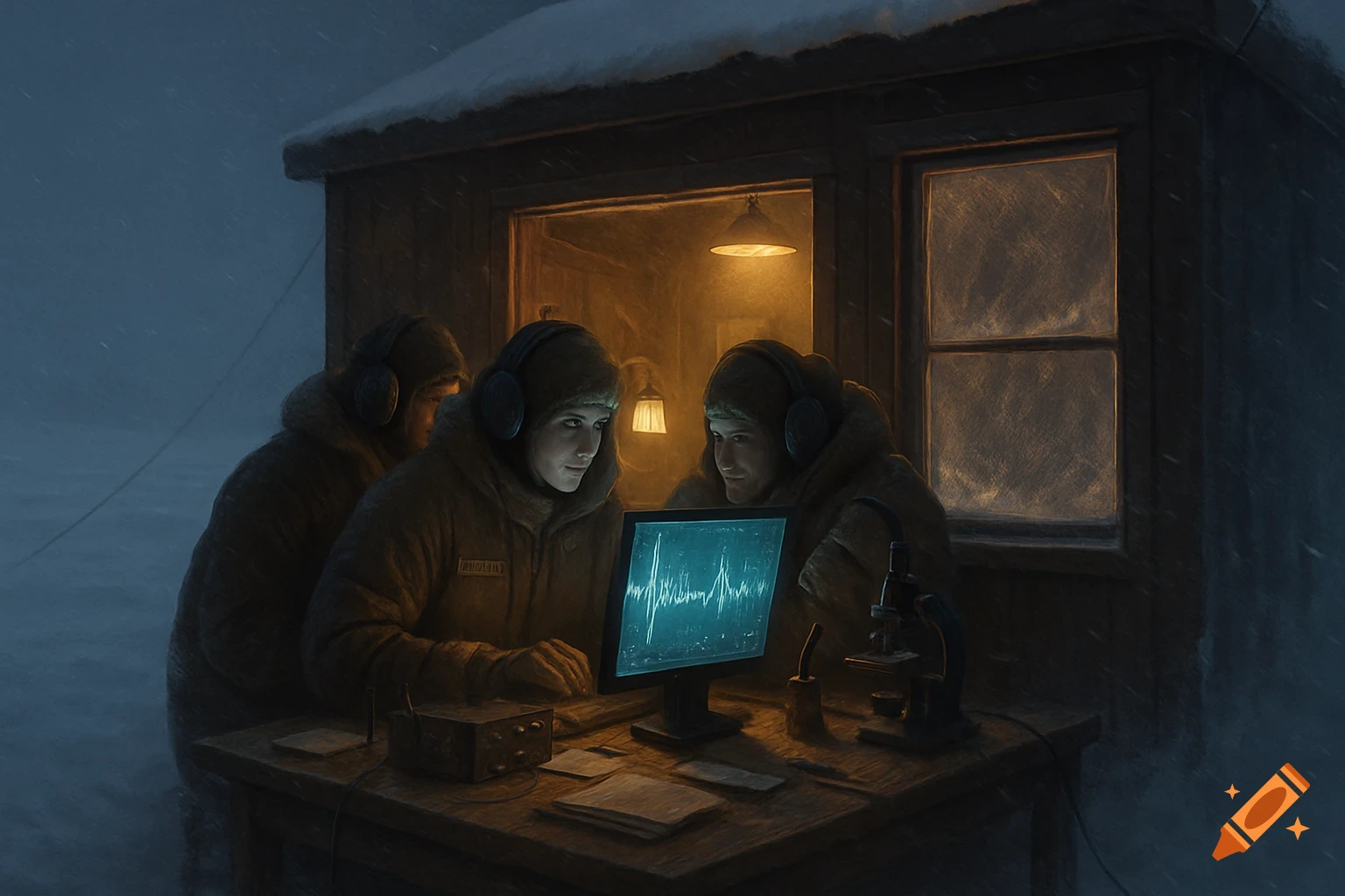 Three scientists in winter gear, wearing headphones, monitor a computer with glowing wave signals inside a research station during a snowstorm.