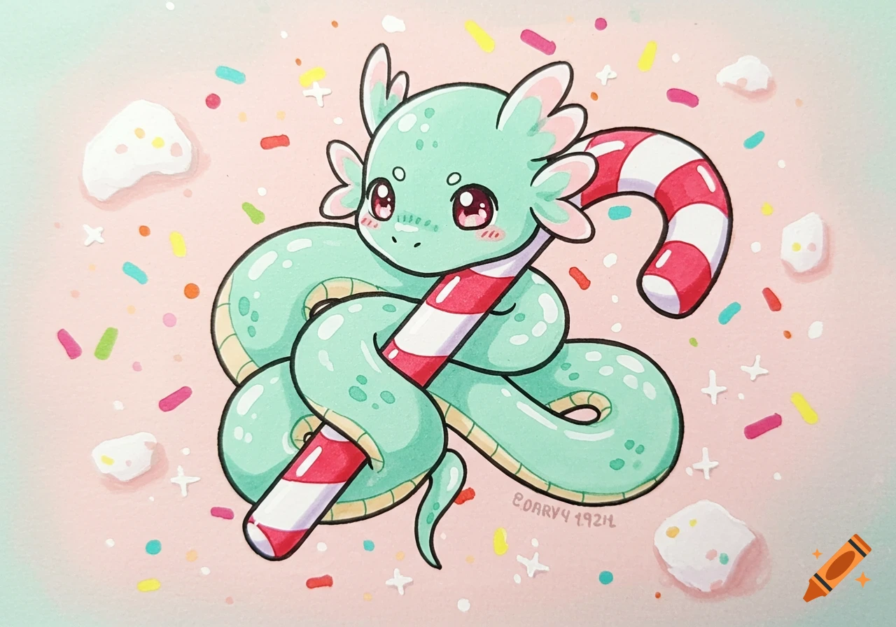 A cute green anime cartoon snake with large red eyes wrapped around a candy cane, on a pink background with sprinkles.