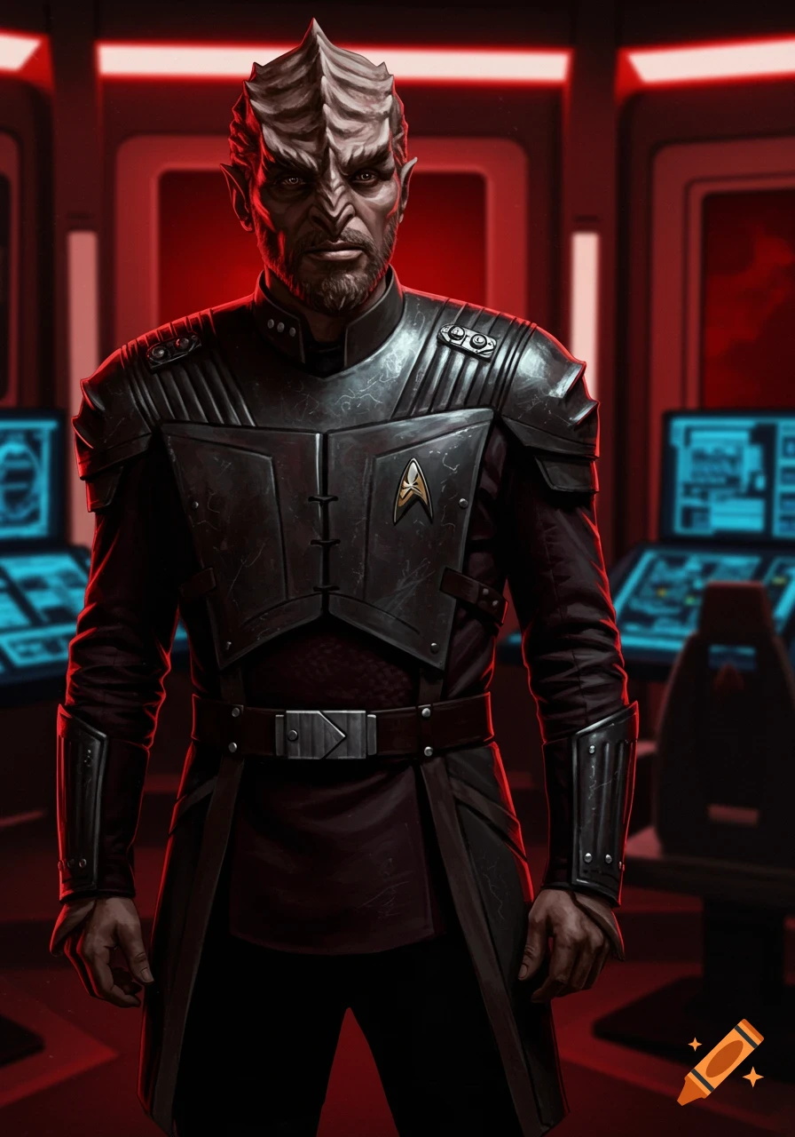 A stern-looking Klingon warrior in a detailed, dark uniform with metal plating and a Starfleet insignia, standing in a red-lit spaceship bridge.