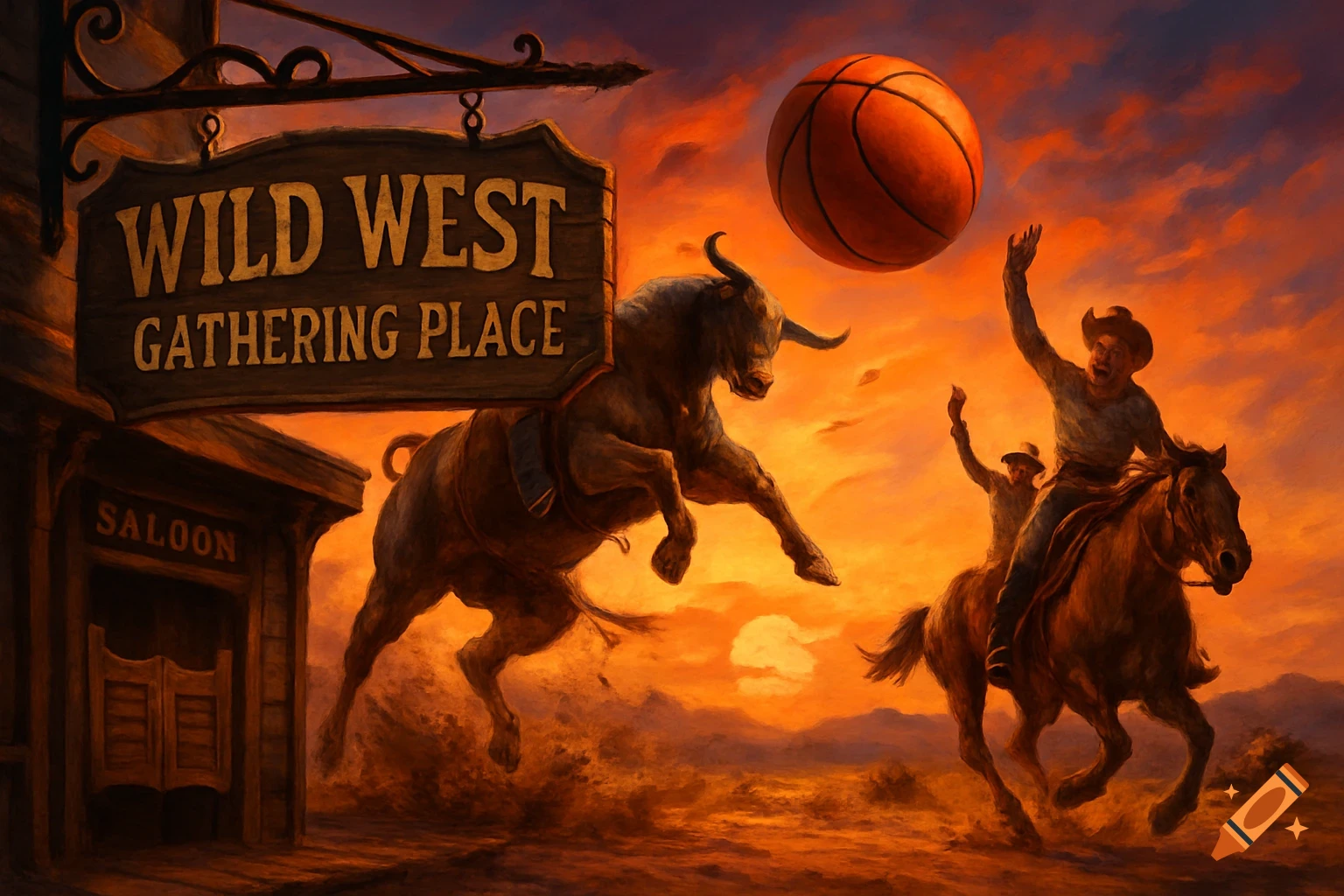 A dramatic painting of a Wild West saloon sign, a leaping bull, and cowboys on horseback playing basketball at sunset.