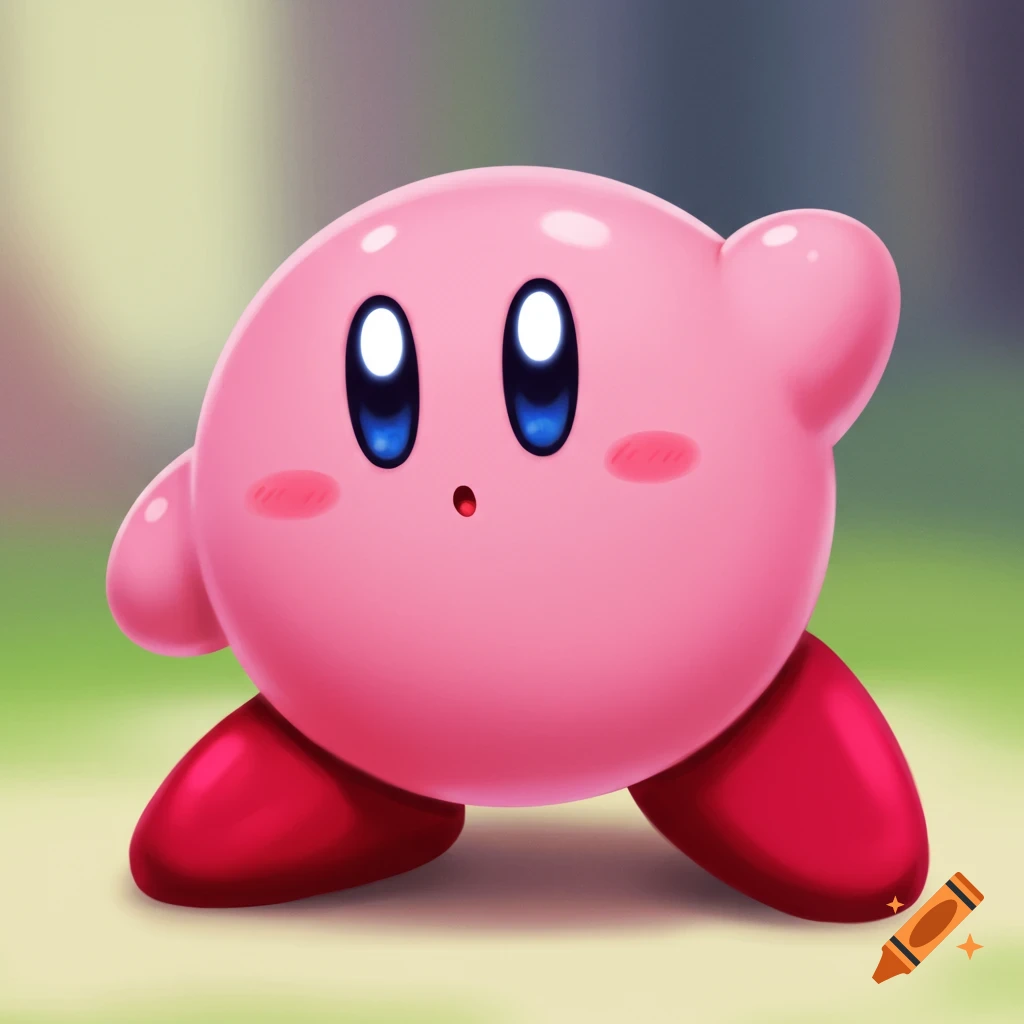 A cute, spherical pink Kirby character with large blue eyes and red blush, standing with small red feet on a blurred green and brown background in an illustration style.