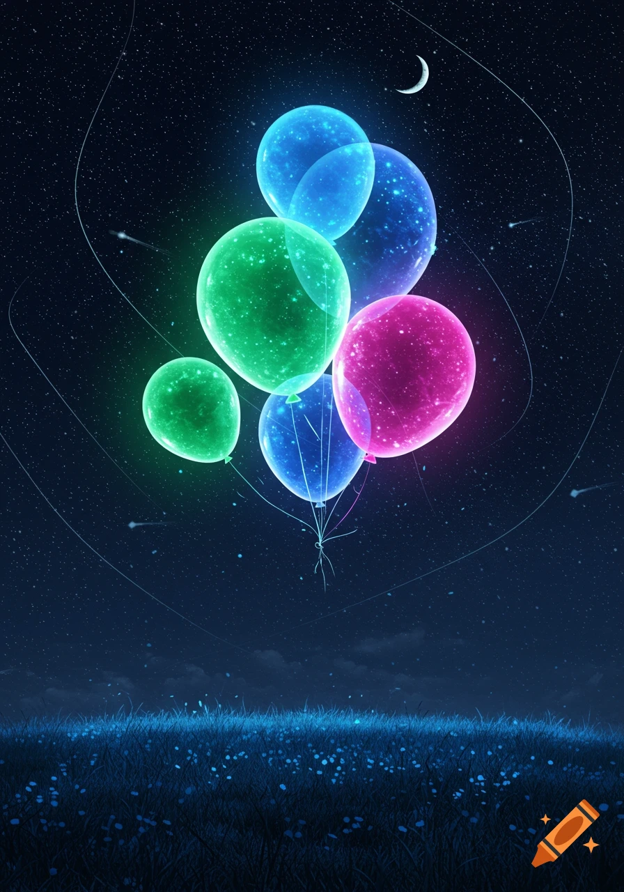 Vibrant glowing balloons in blue, green, and pink float over a field of tiny blue flowers under a dark, star-filled night sky with a crescent moon.