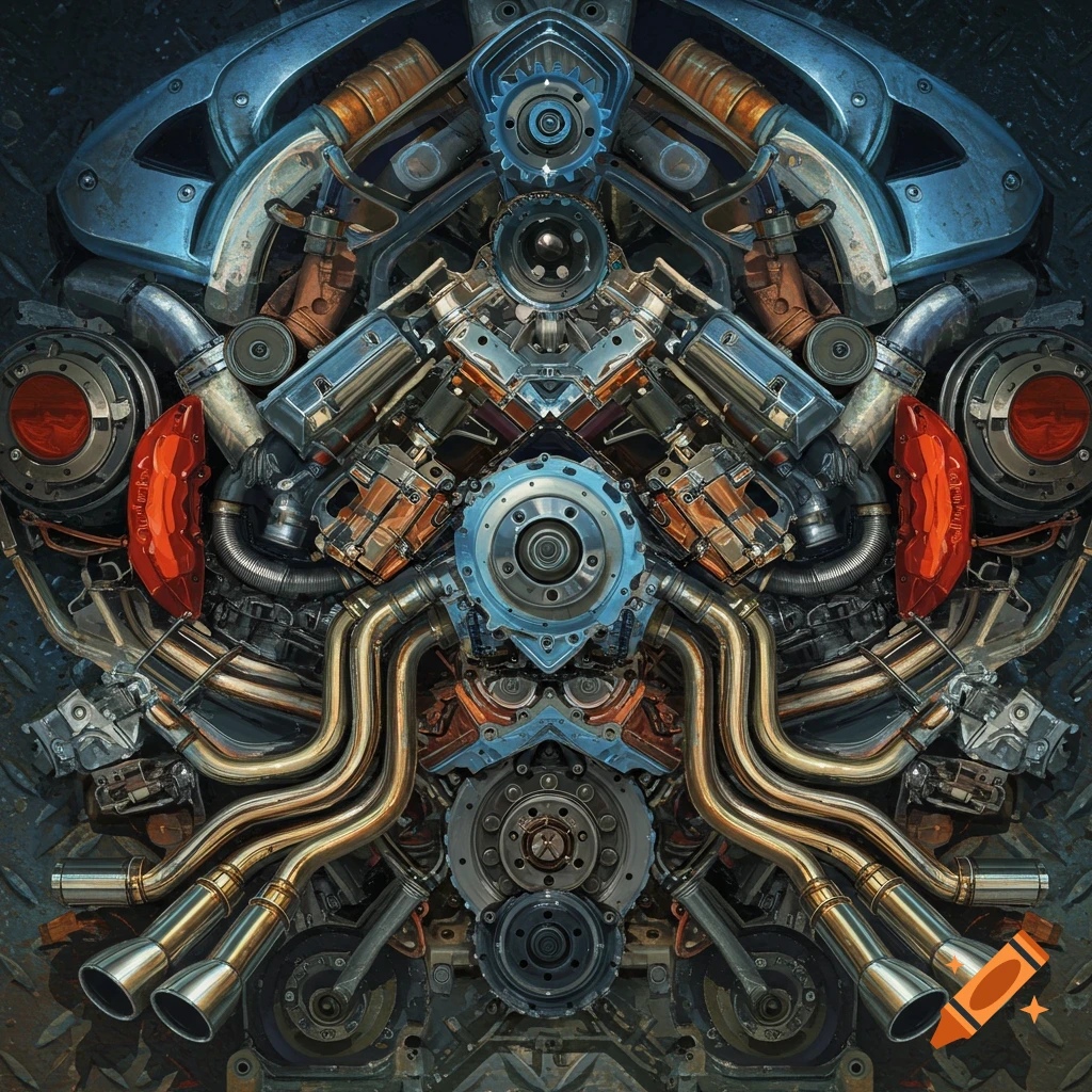 Detailed symmetrical view of complex metallic autoparts, including engine components, exhaust pipes, and red brake calipers, in an industrial style.