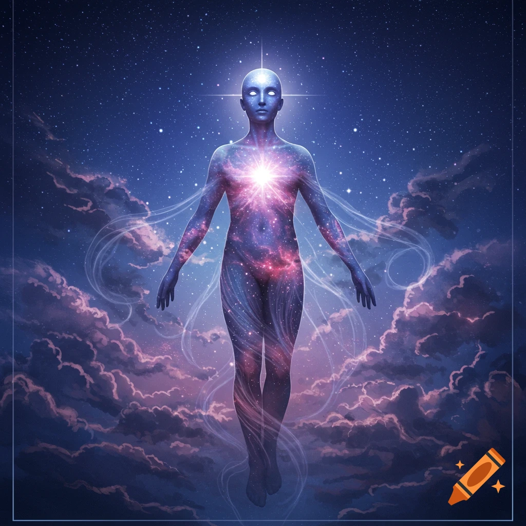 Ethereal, luminous cosmic human figure composed of galaxies, floating in a starry sky with purple clouds.