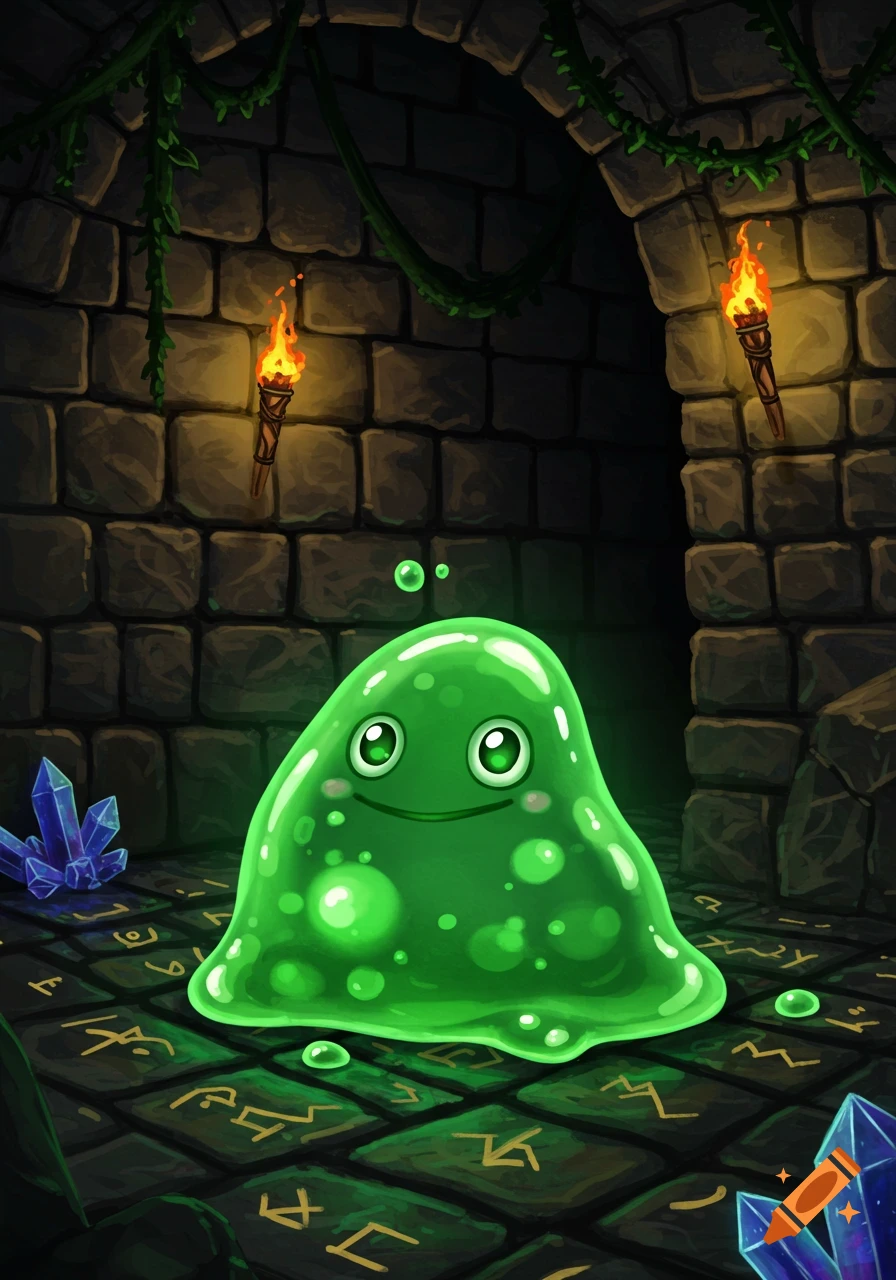 A cute, shiny green slime creature with big eyes smiles in a stone dungeon lit by torches, with glowing runes on the floor and blue crystals.