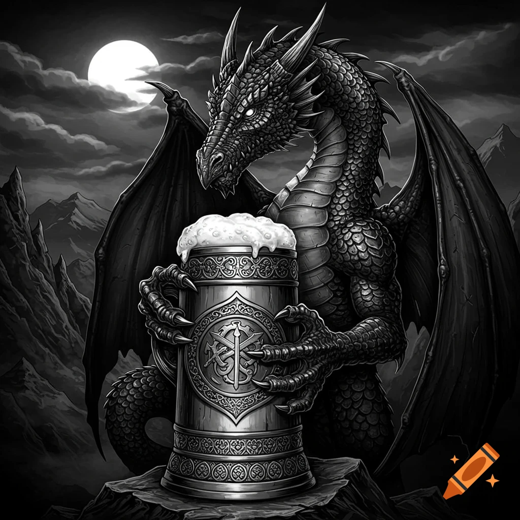 A black and white illustration of a large, detailed dragon with wings, holding a frothy, ornate beer mug under a full moon in a mountainous landscape.