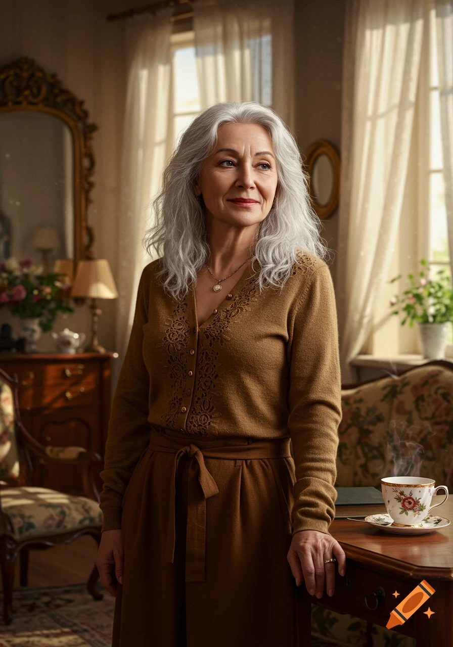 An elegant elderly woman with silver hair stands in a warm, traditional living room next to a steaming cup of tea.