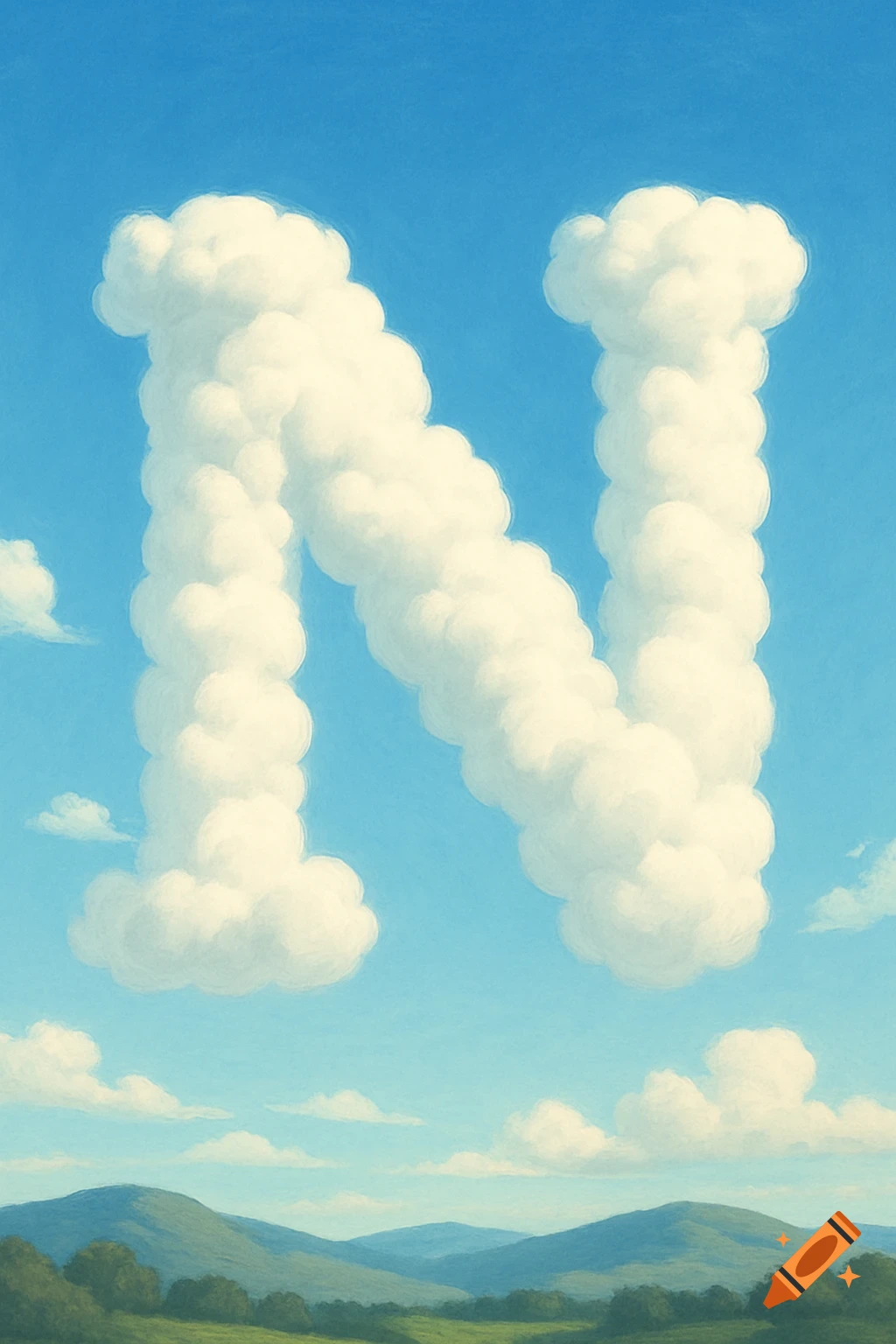 A large fluffy white cloud shaped like the letter N floats in a blue sky above green rolling hills and trees.
