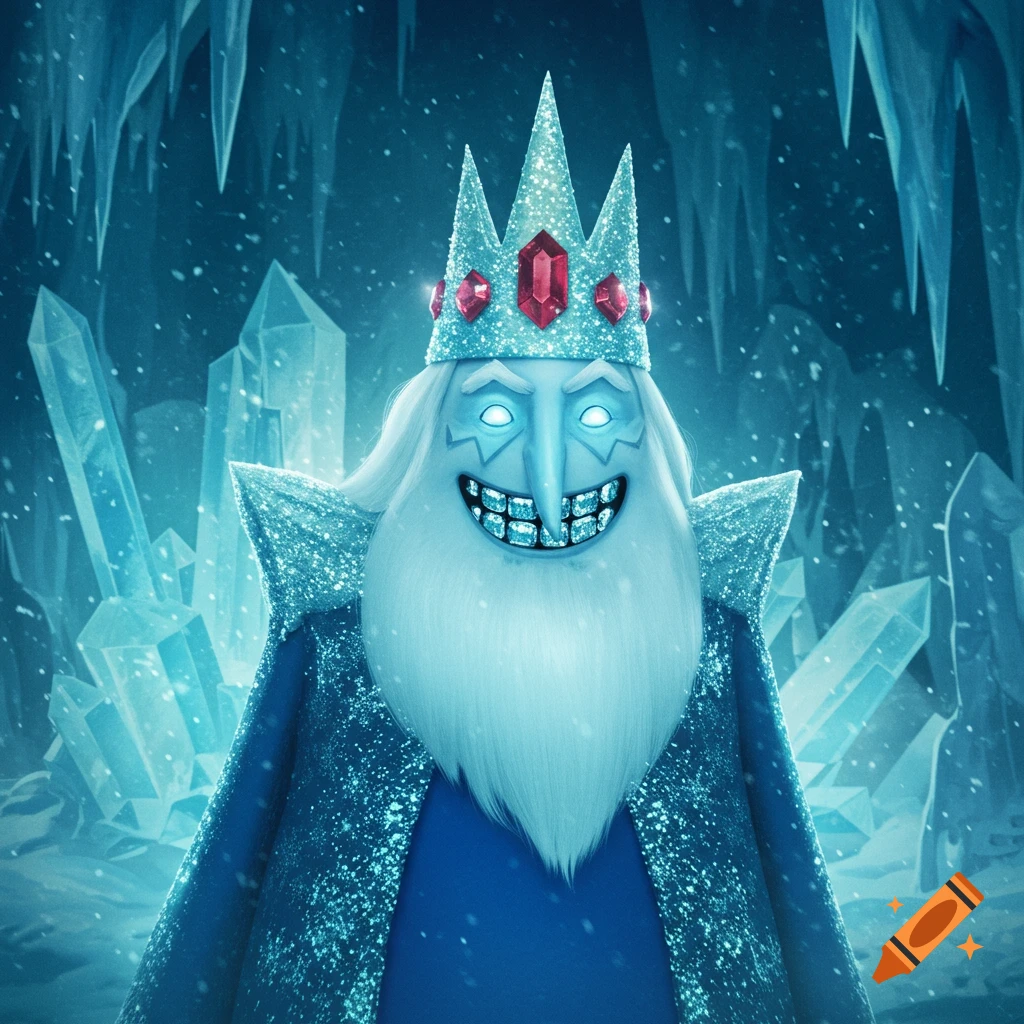 A dark, photorealistic Ice King with glowing blue eyes and diamond grills stands in an icy cave with falling snow.
