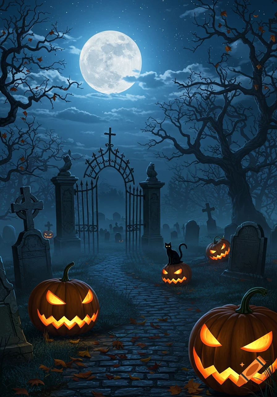 A spooky graveyard at night with glowing jack-o'-lanterns, a black cat on a pumpkin, silhouetted trees, and a full moon.