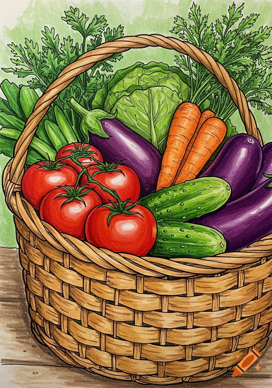 A vibrant illustration of a wicker basket overflowing with fresh vegetables including red tomatoes, purple eggplants, green cucumbers, and orange carrots.