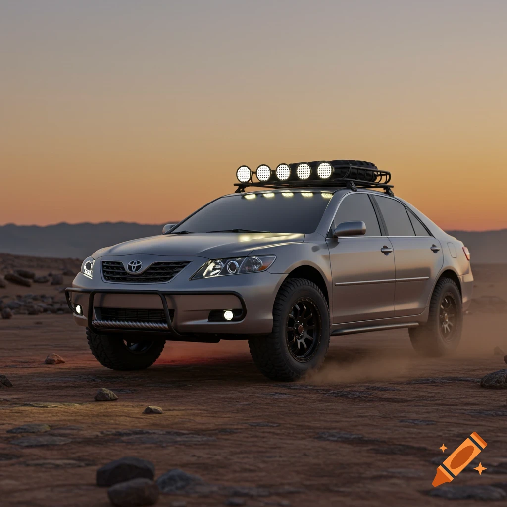 A silver Toyota Camry modified with off-road tires, a tube bumper, and a roof rack with lights drives on a dirt path at sunset.