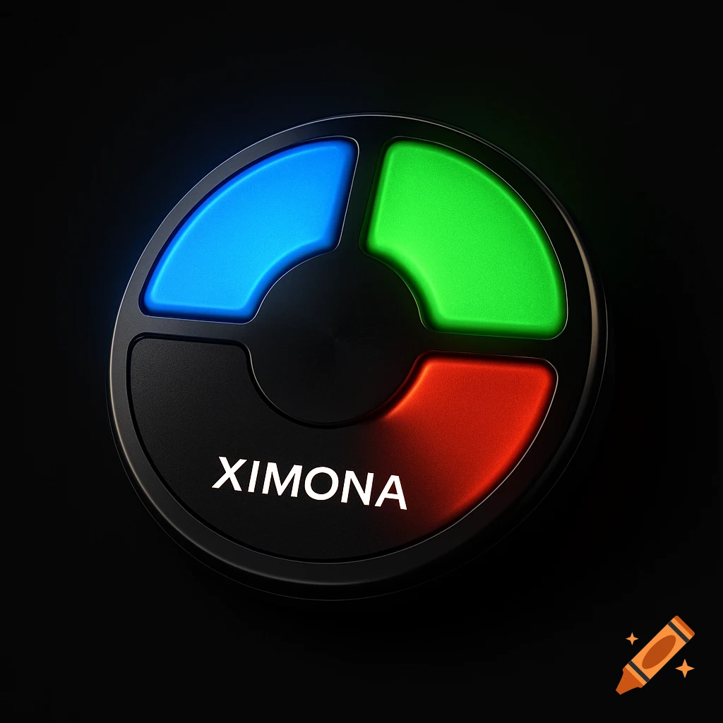 A circular black game button features three illuminated segments: blue, green, and red, with 'XIMONA' text below.