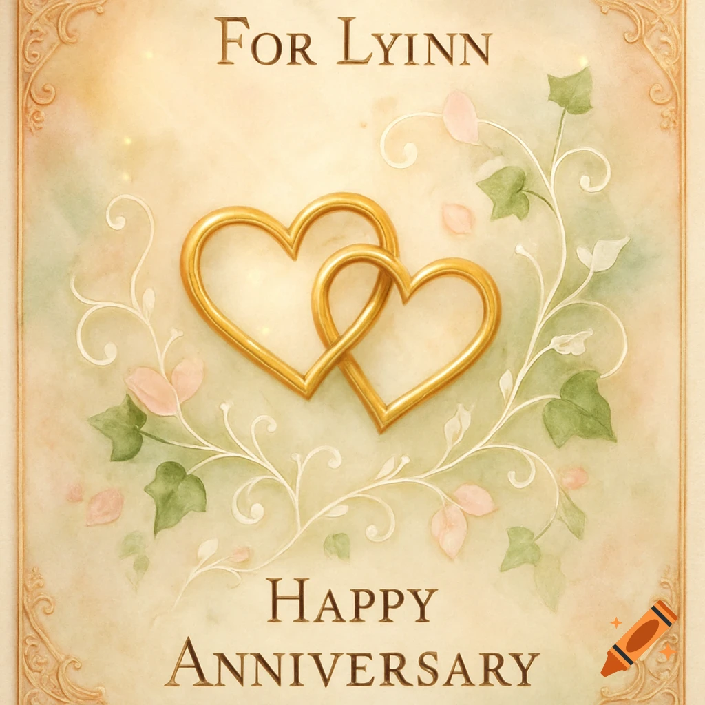 Watercolor anniversary card with two interlocking golden hearts, green vines, pink petals, and text 'FOR LYNN' and 'HAPPY ANNIVERSARY'.
