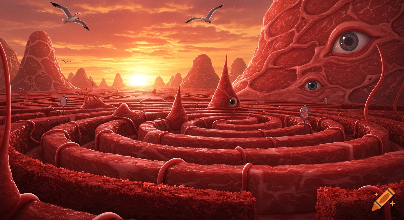 A surreal landscape of a red meat maze with tubes, meat hills, and structures with eyes and horns, under a dramatic red sunset with seagulls flying.