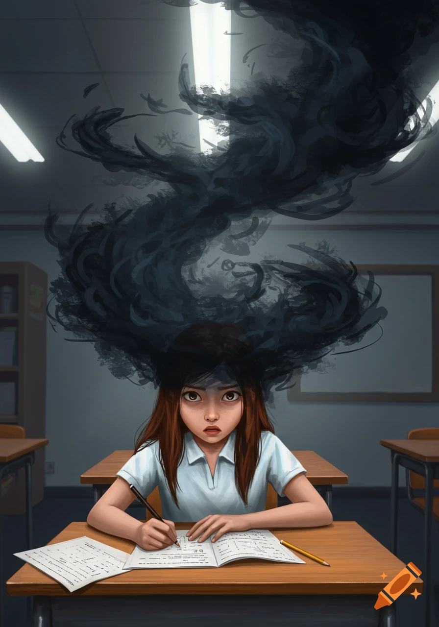 A stressed girl with dark, swirling smoke above her head writes at a desk in a classroom, digital illustration.