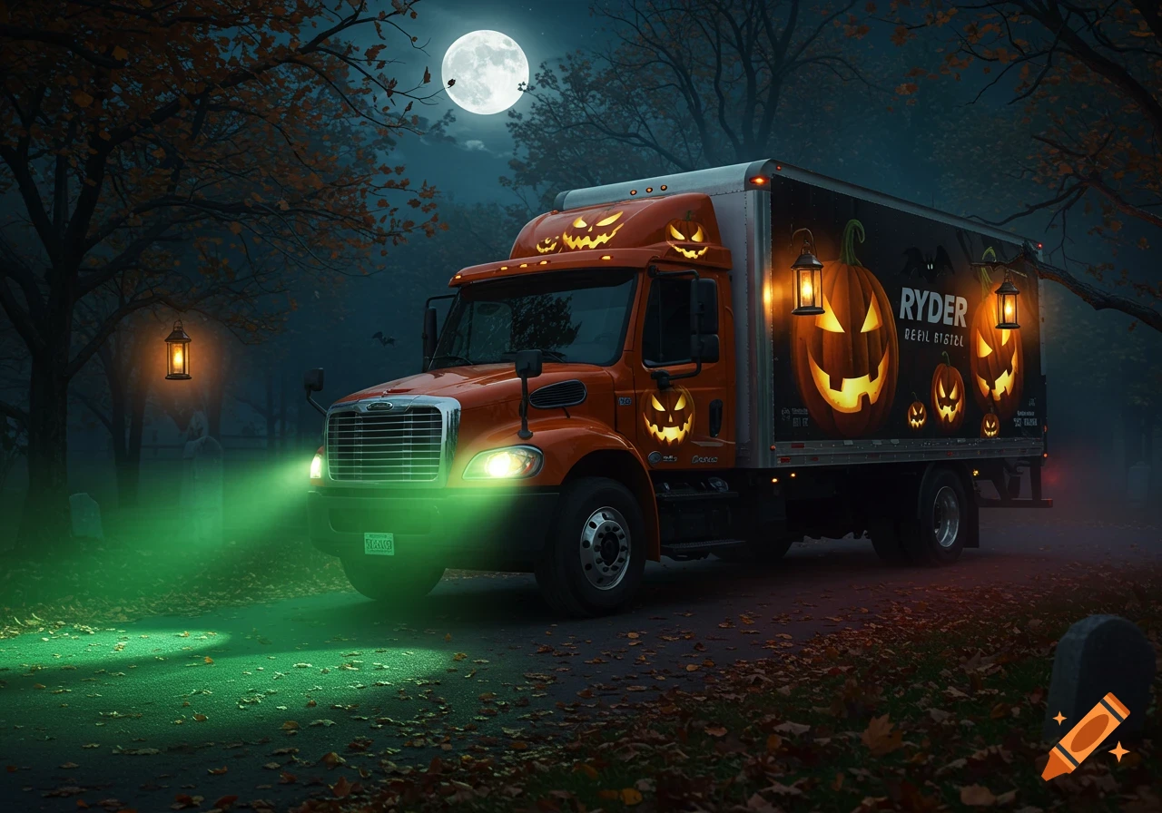 An orange Ryder truck, Halloween-themed with glowing jack-o'-lanterns, drives at night on a leaf-strewn road under a full moon.