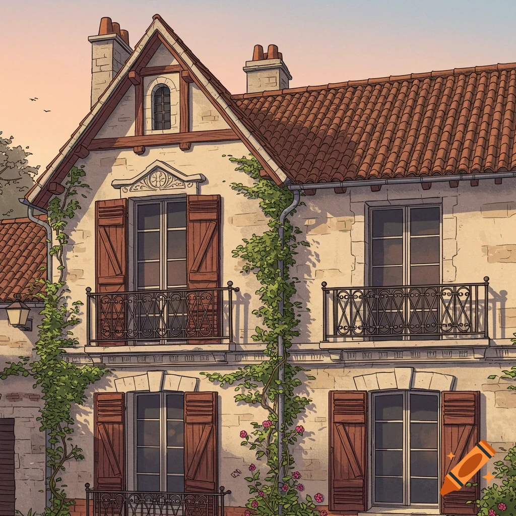 An illustrated facade of a traditional European house with a gabled roof, balconies, and ivy climbing stone walls under a soft, light sky.