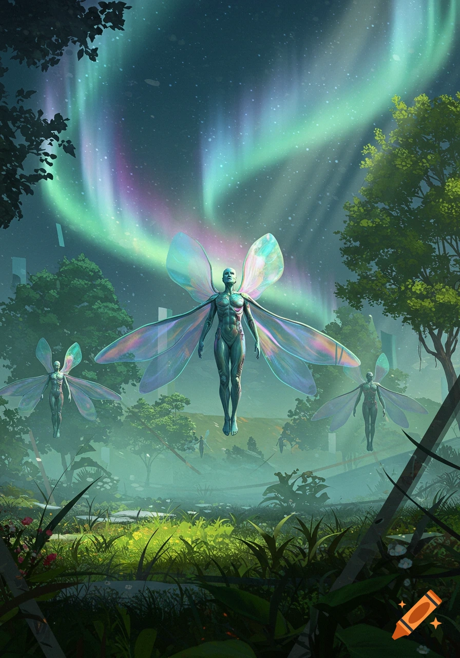 Ethereal winged humanoids float in a lush forest under a vibrant aurora ...
