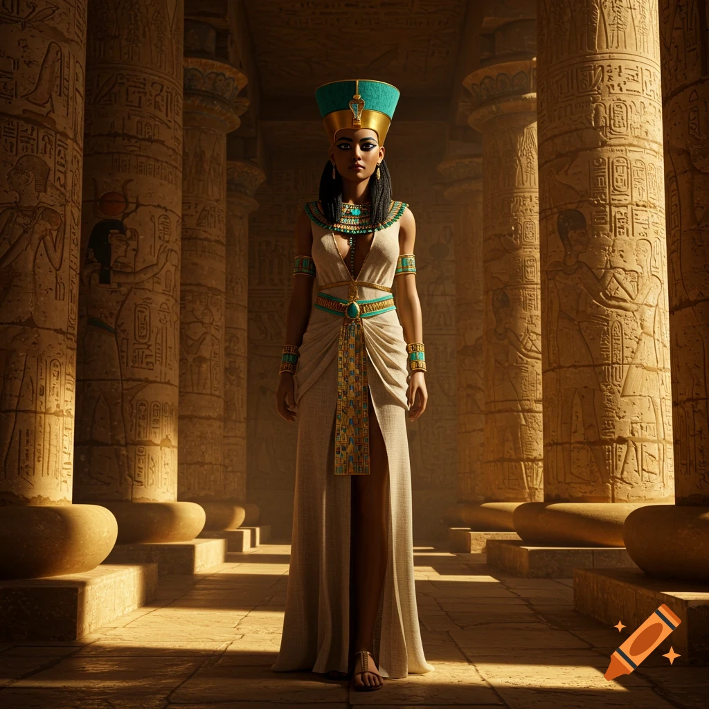 An elegant Egyptian queen wearing a teal headdress and ornate jewelry stands in a grand temple with hieroglyphs.