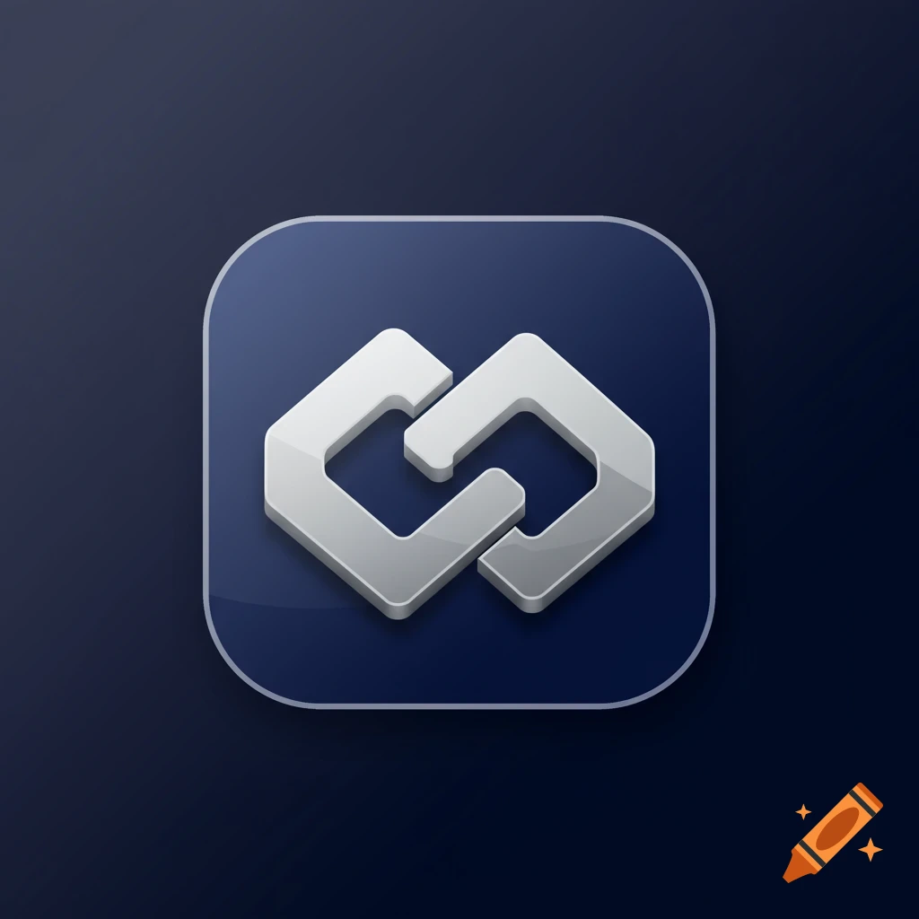 A sleek app icon with two interlocking silver geometric shapes on a dark blue rounded square background.