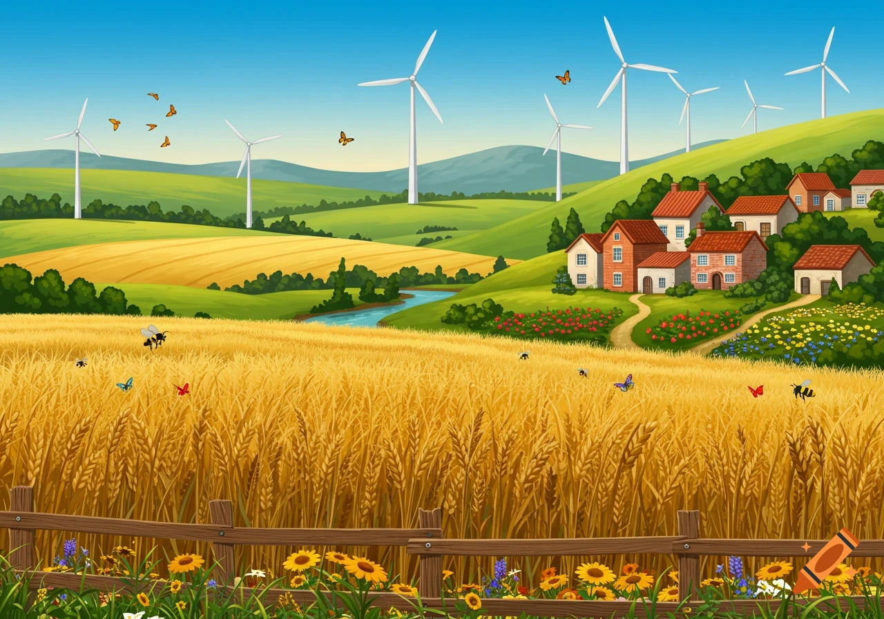 A vibrant cartoon illustration of a rural landscape with golden wheat fields, a village, windmills, a river, and a wooden fence with flowers.