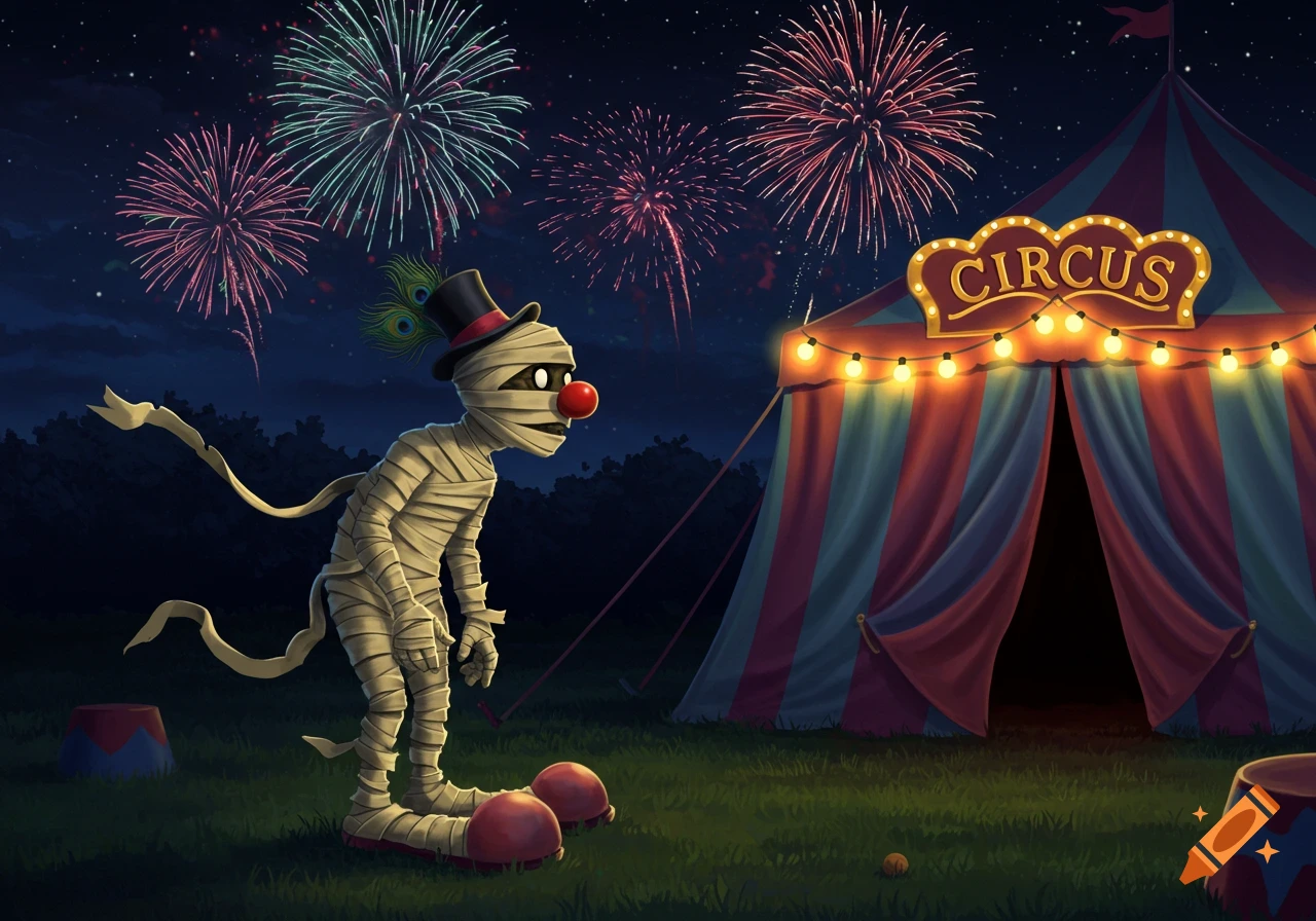 A cartoonish mummy clown in a top hat stands before a lit circus tent with fireworks exploding in the night sky.