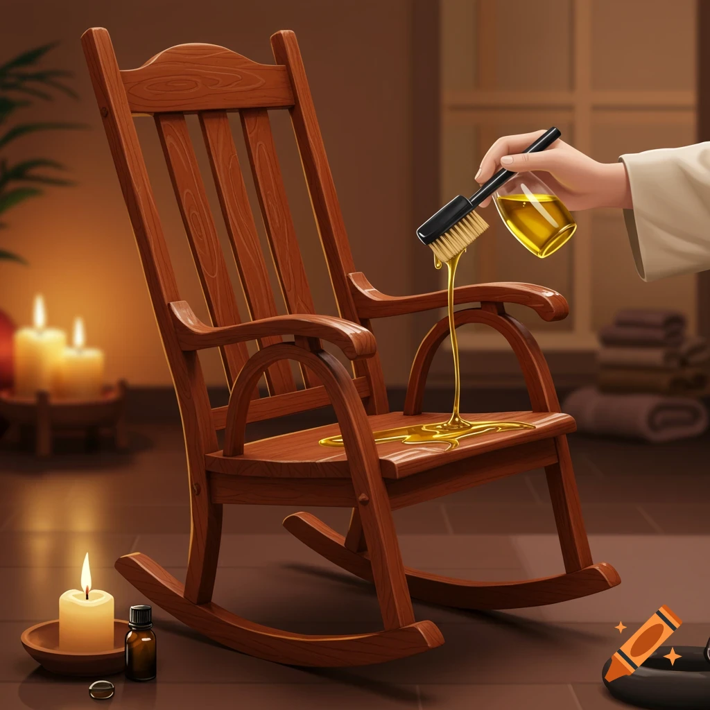 A hand oils a wooden rocking chair with a brush, golden liquid dripping onto the seat in a warm, candle-lit spa setting.