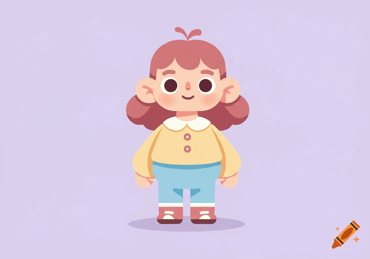 A flat design cartoon character with reddish-brown hair, a yellow top, blue pants, and red shoes, standing on a lavender background.