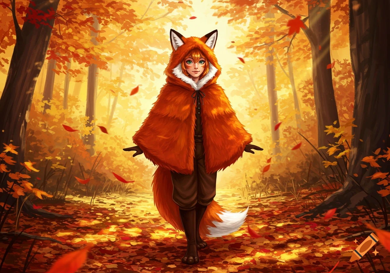 An anime-style character in a vibrant orange fox costume stands in a sunlit autumn forest with falling leaves.