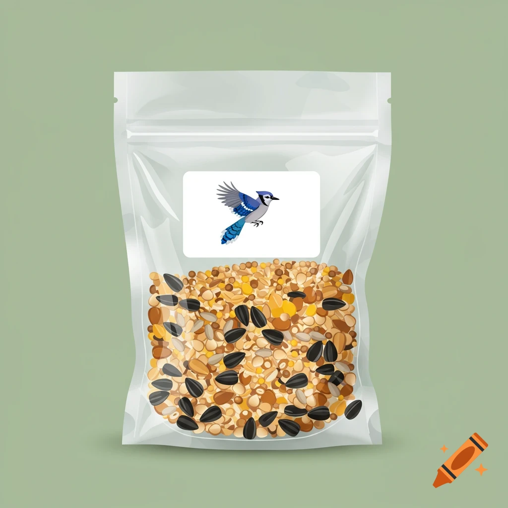 A clear plastic bag filled with a wild bird seed blend, featuring a white label with a flying blue jay illustration.