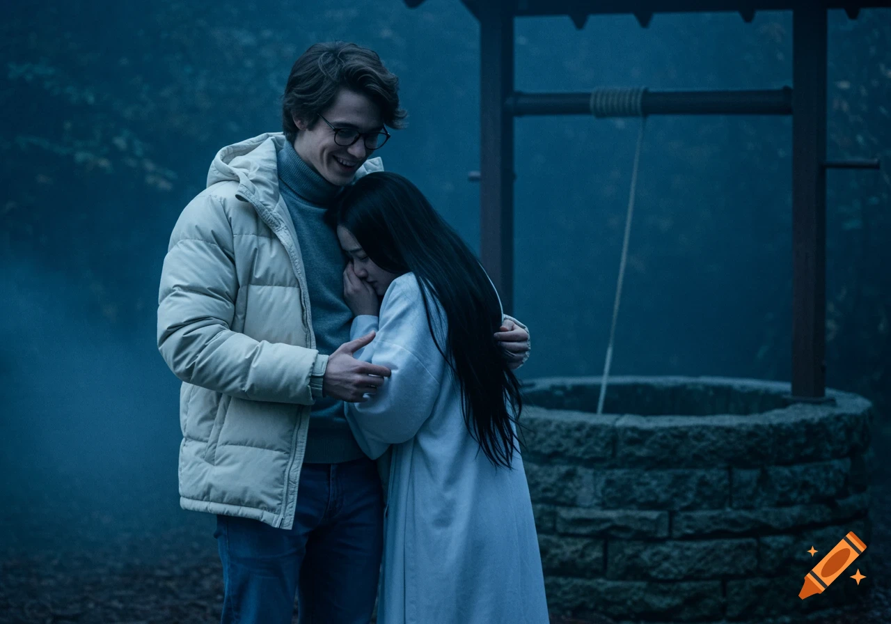 A man in a white winter coat and glasses embraces a woman with long black hair near a stone well in a dark, foggy forest.