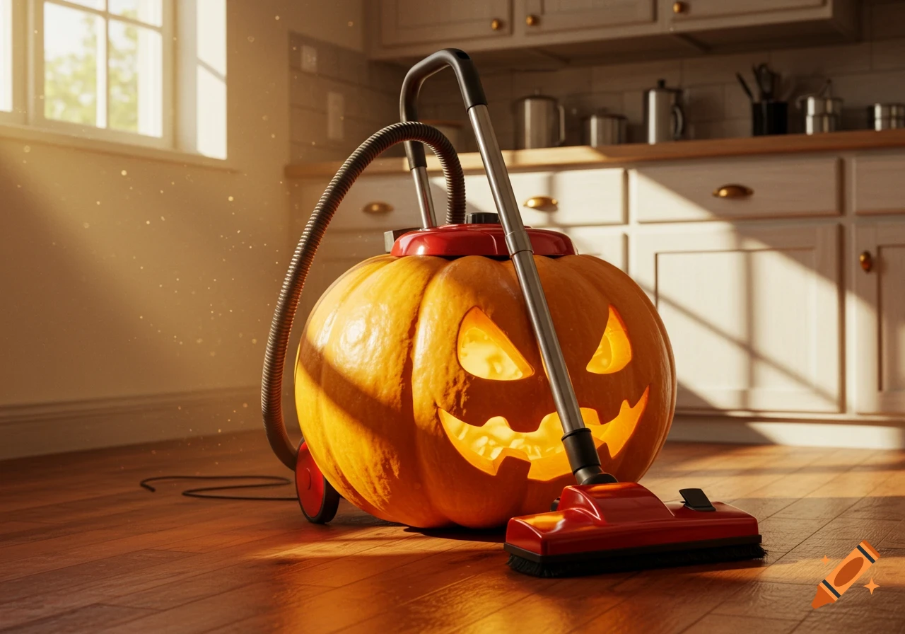 A jack-o'-lantern shaped vacuum cleaner with glowing eyes sits on a wooden floor in a sunny kitchen.