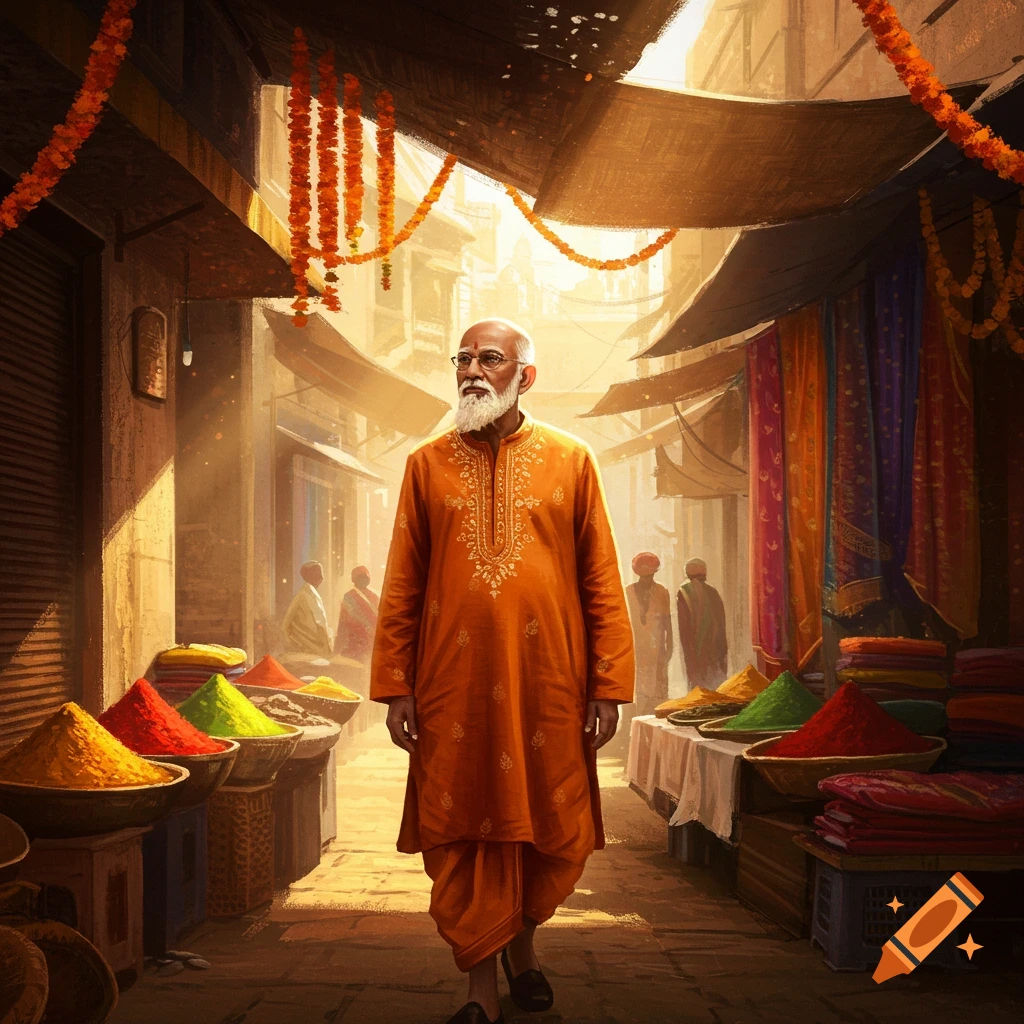 An elderly Indian man in orange traditional attire walks through a bustling, colorful market filled with spices and fabrics, in an illustrative style.