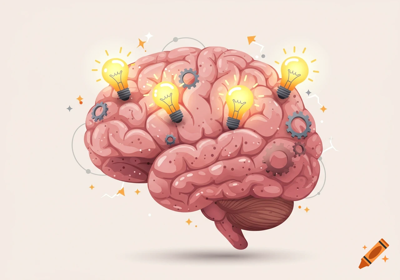 Colorful illustration of a brain with gears and glowing lightbulbs, symbolizing thought and creativity.
